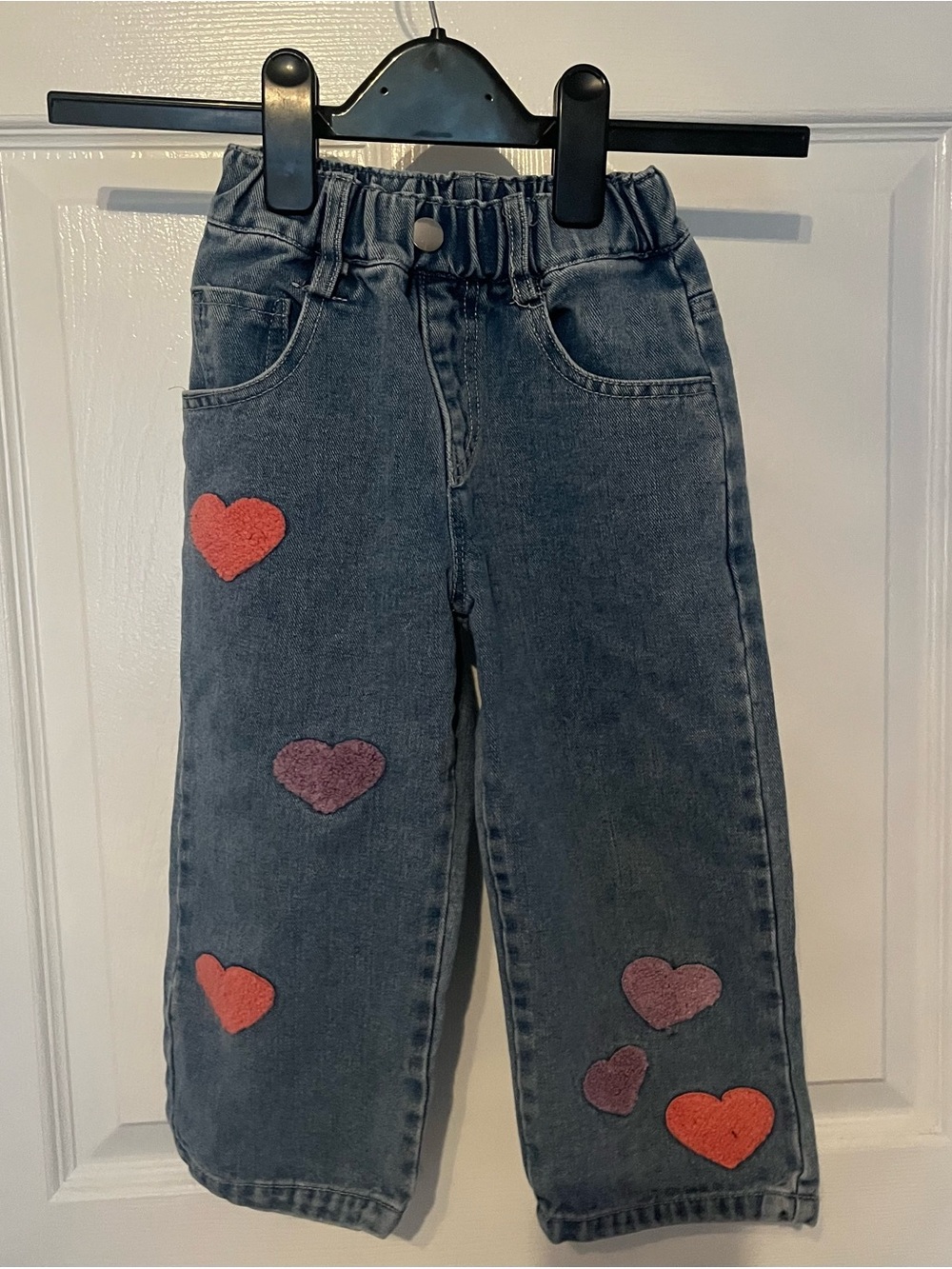Kids Heart Patch Denim Pants - Blue with Pink & Red Hearts 4-5T